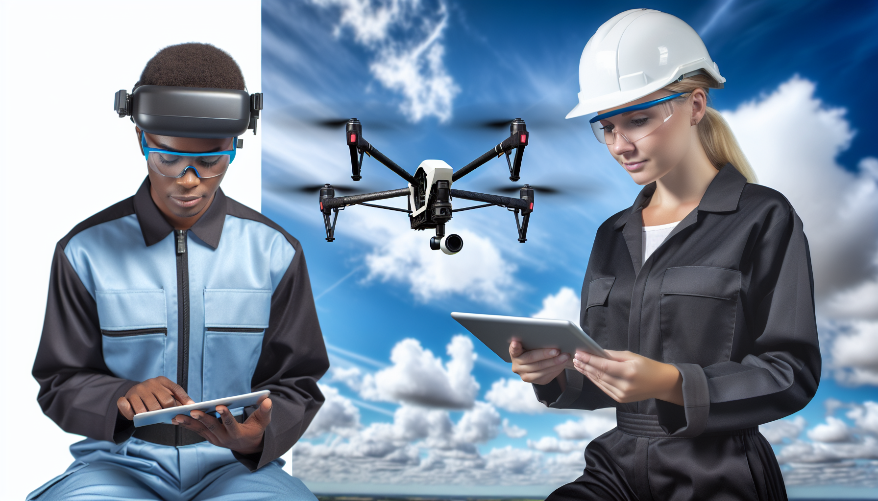 realistic image of a drone in operation with technicians analyzing data on a tablet, emphasizing new tech in aviation.