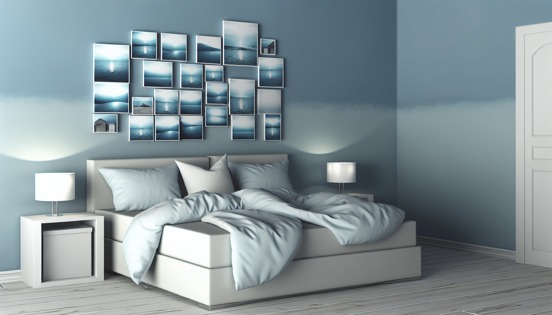 Soft blue and gray photo tiles in a bedroom setting.