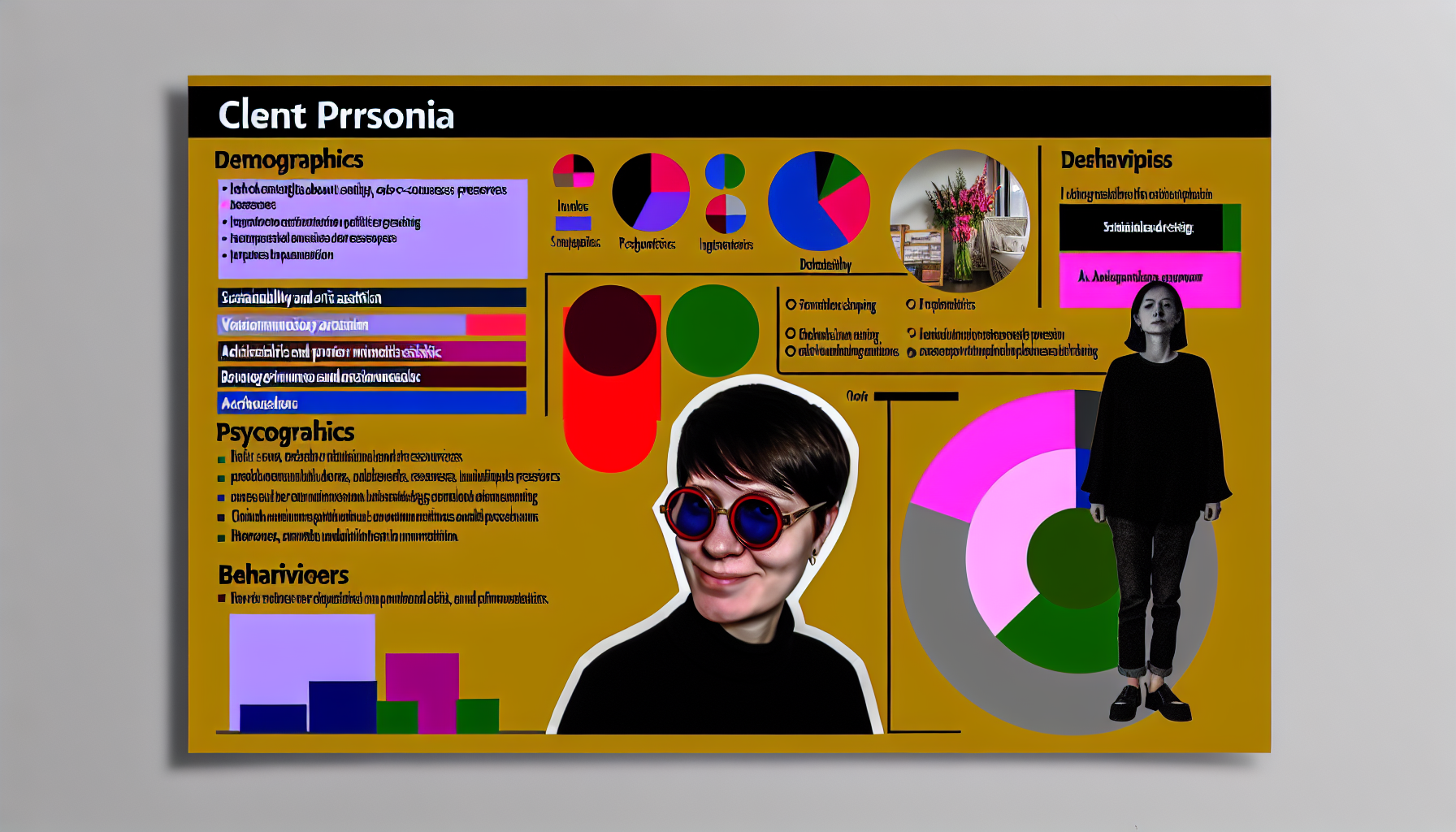 Graphic representation of a client persona profile including demographics, psychographics, and behaviors