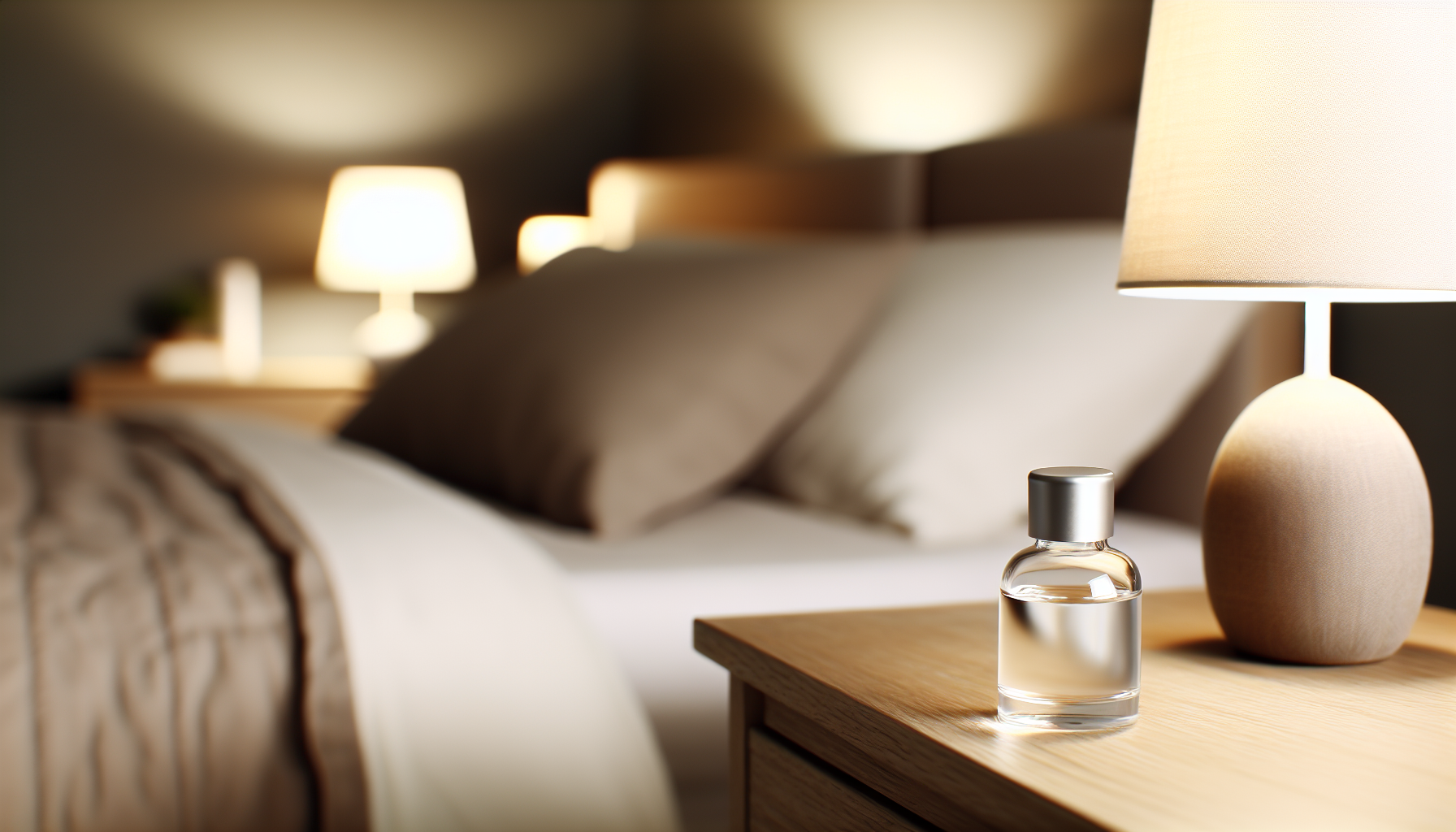 A calm bedroom environment featuring lavender oil on a bedside table to enhance sleep quality