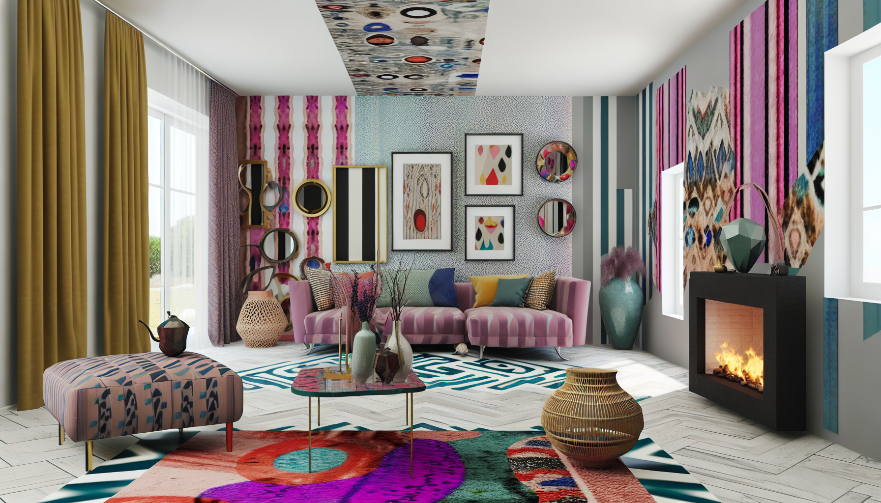 A bold living room designed by Kelly Wearstler, featuring vibrant patterns and colors, reflecting LAs dynamic lifestyle.