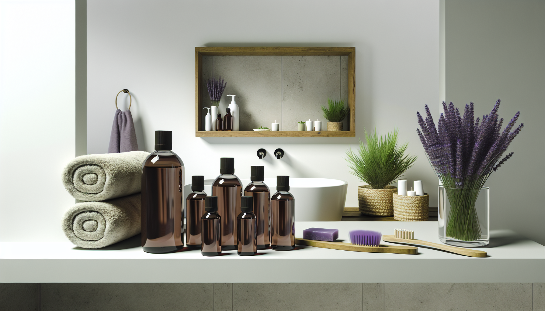 A minimalistic bathroom setting with lavender oil bottles, aligning with a natural skincare and hair care routine