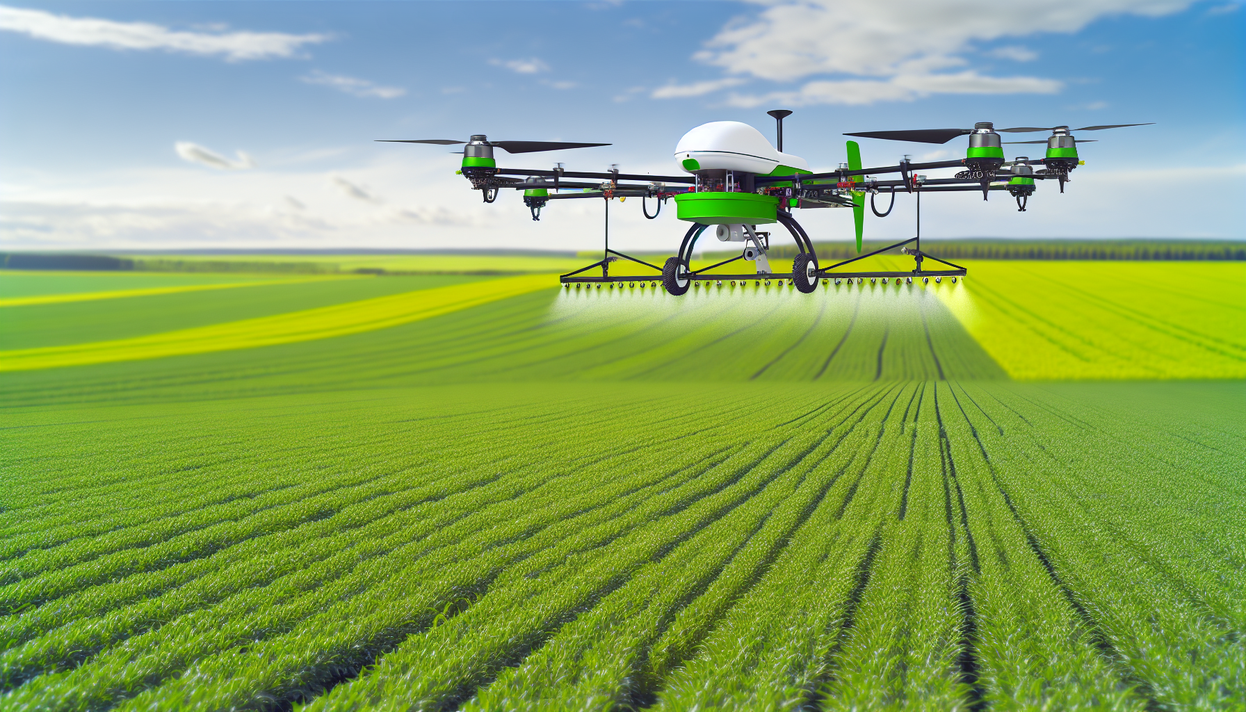 Um drone agrícola moderno flutuando sobre um campo verdejante, ilustrando a aplicação da tecnologia GPS
