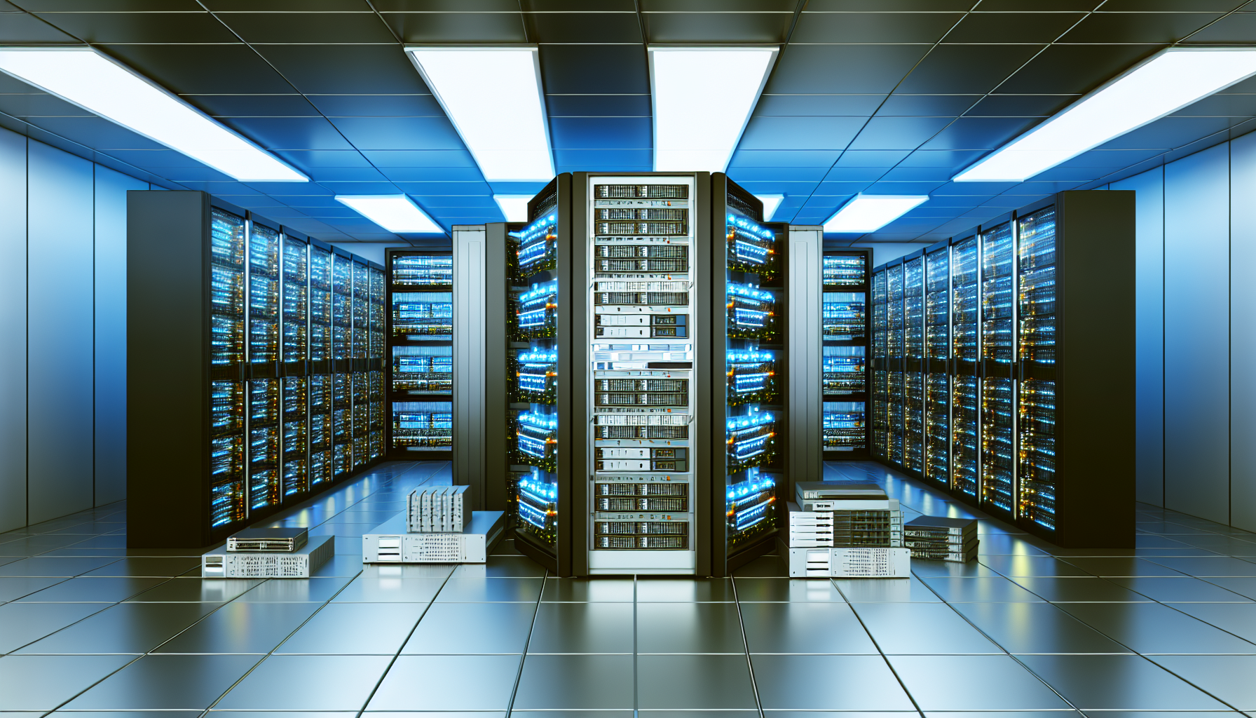 Illustrative image of a modern data center interior with servers and networking equipment