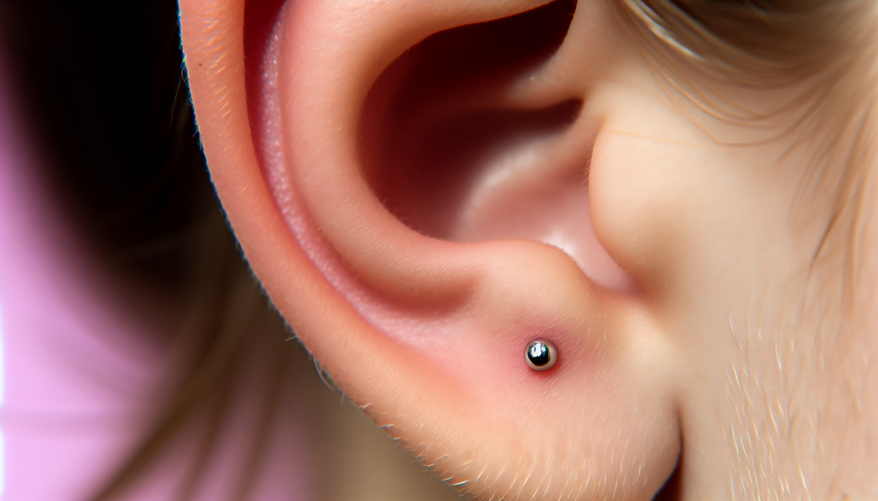 Close-up of a newly pierced earlobe with a simple stud earring