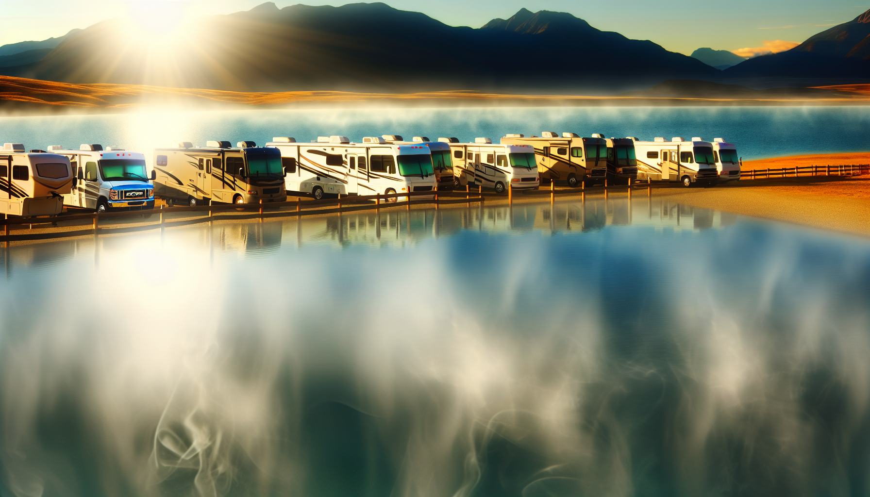 photo realistic shot of RVs parked along the shores of Douglas Lake at sunrise with mist rising from the water