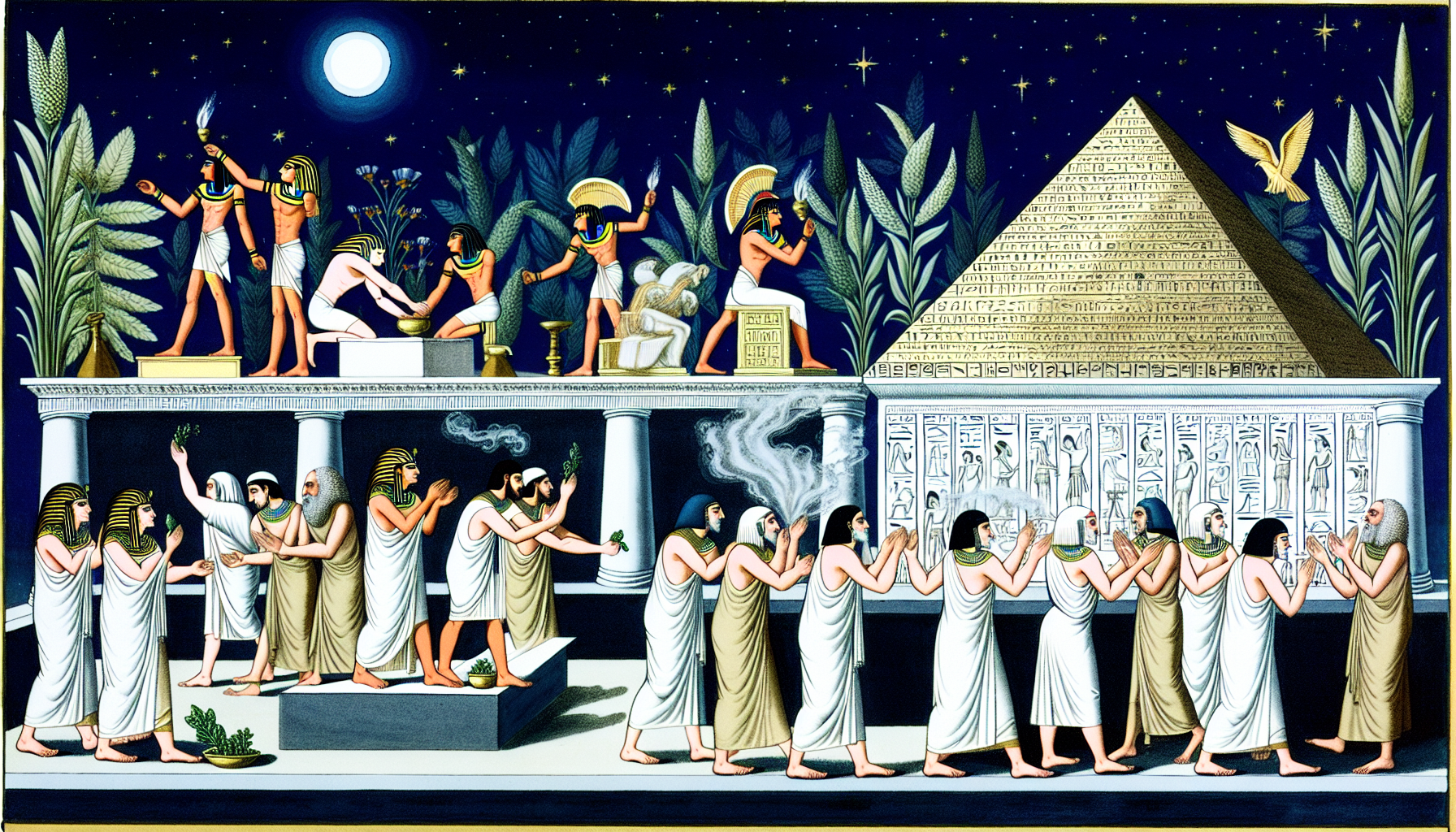 Artistic depiction of ancient Egyptians and Greeks using peppermint in their rituals, surrounded by pyramids and classical architecture.