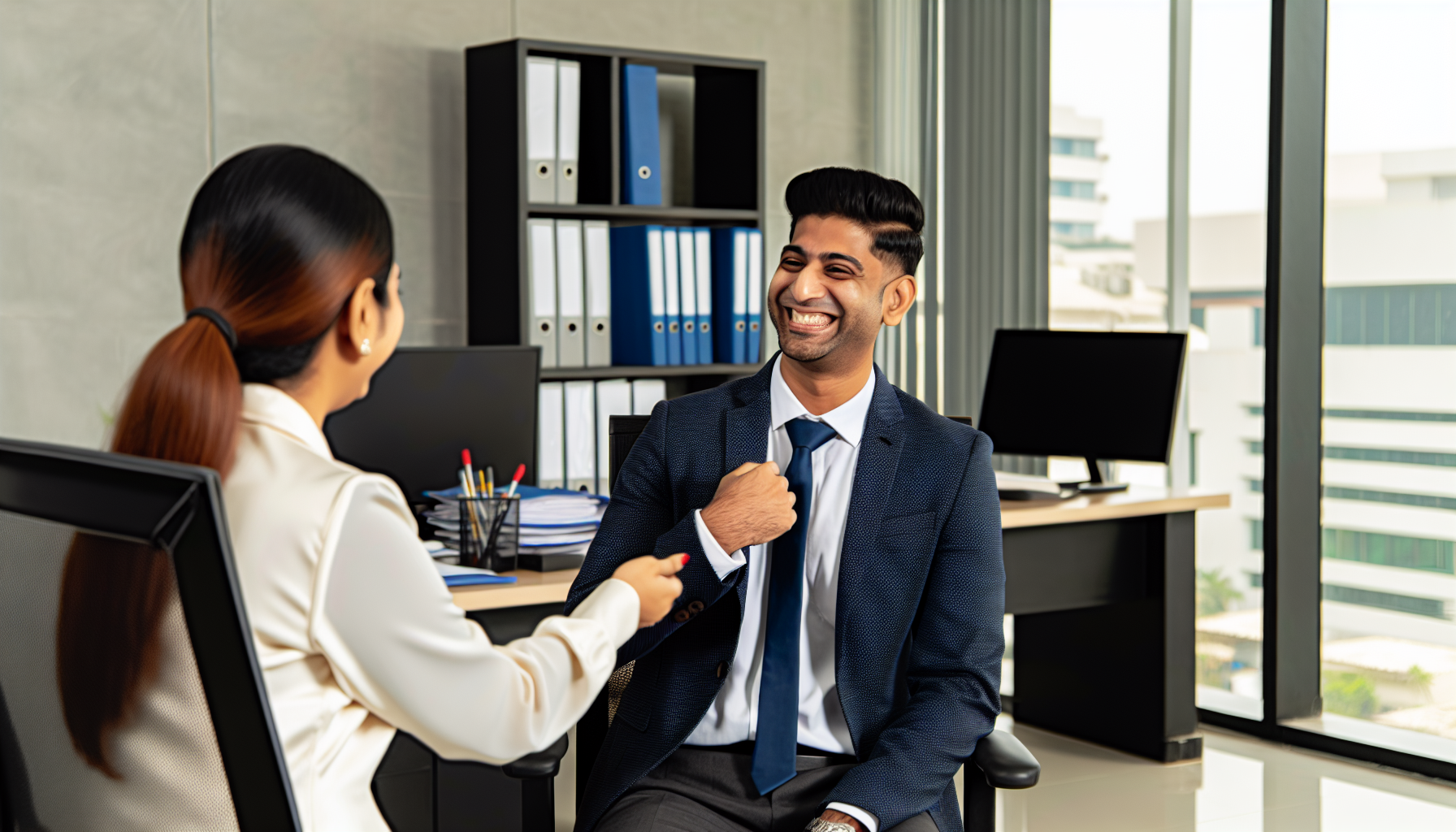 Professional image of a smiling coworker gratefully receiving a compliment from another coworker in an office setting