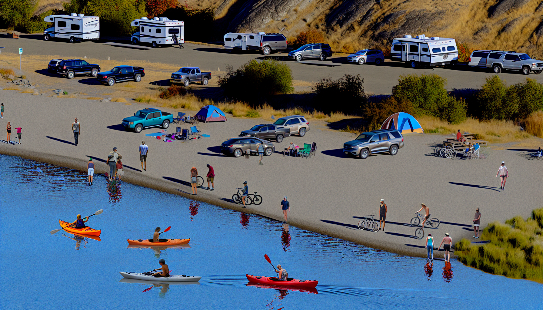 photo realistic image of RVs parked beside the river at Crescent Bar with people kayaking and cycling