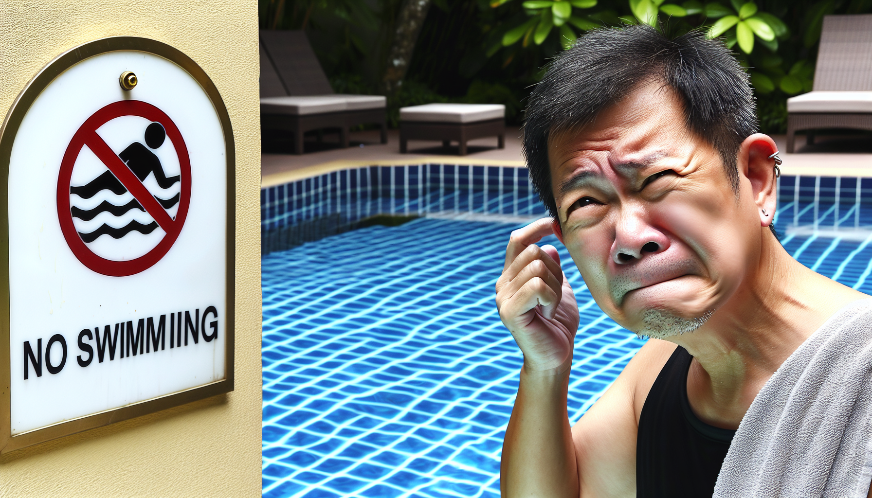Person avoiding swimming pool with a No Swimming sign emphasizing ear piercing