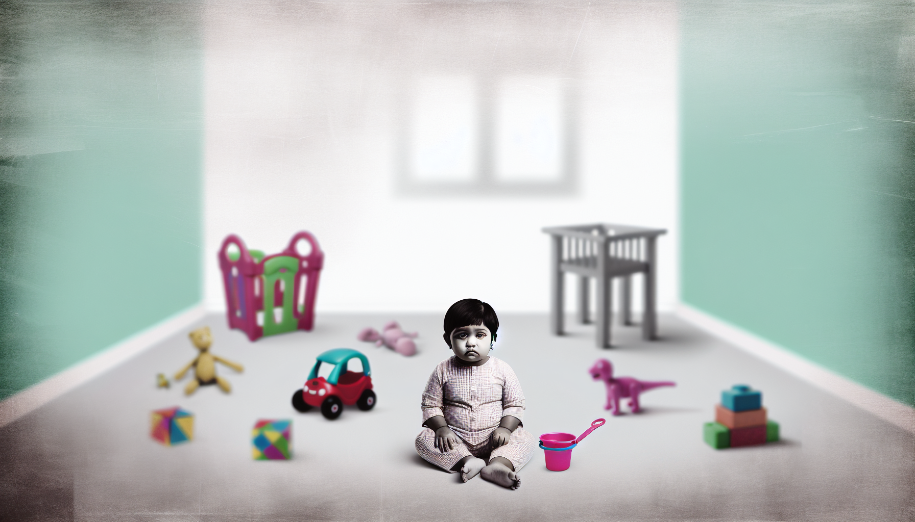 Realistic illustration showing a toddler sitting alone, not engaging with toys around them, with subtle cues of the environment like muted colors to emphasize lack of interaction.