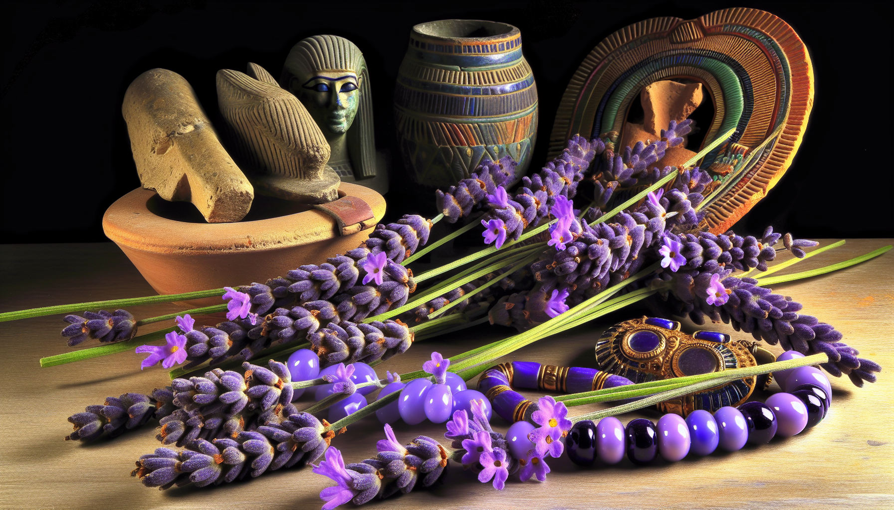 Ancient Egyptian artifacts surrounded by lavender flowers, evoking a sense of historical use of lavender in a serene setting