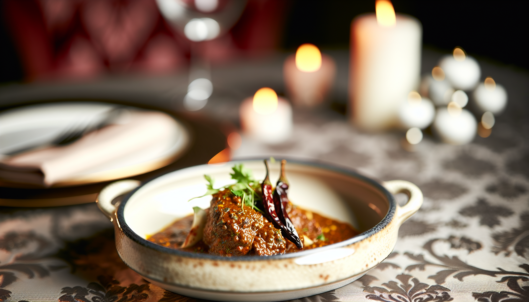 A close-up of a beautifully garnished Lamb Rogan Josh served in an elegant dish.
