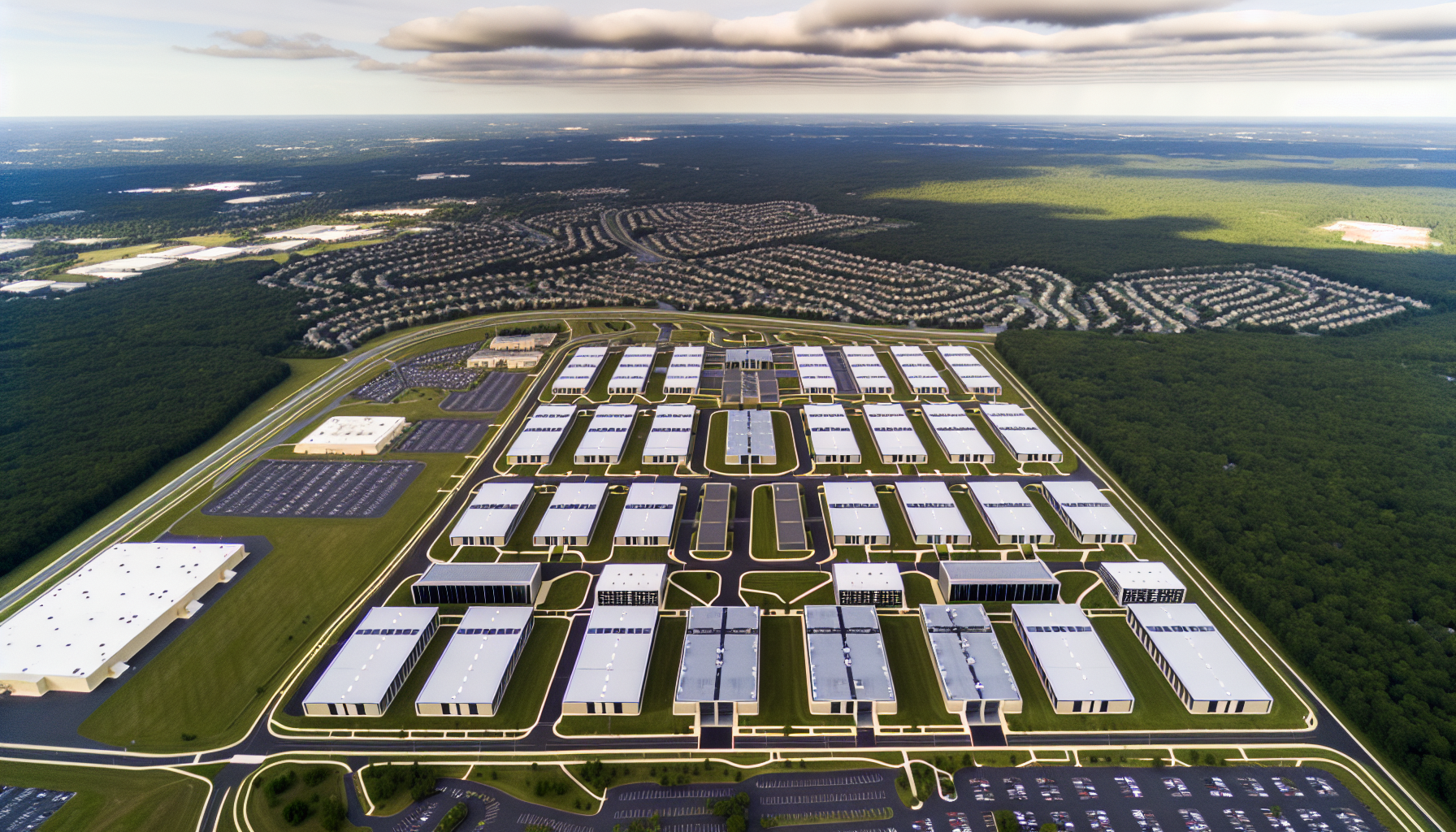 Aerial view of Ashburn, Virginia, showcasing multiple data center buildings
