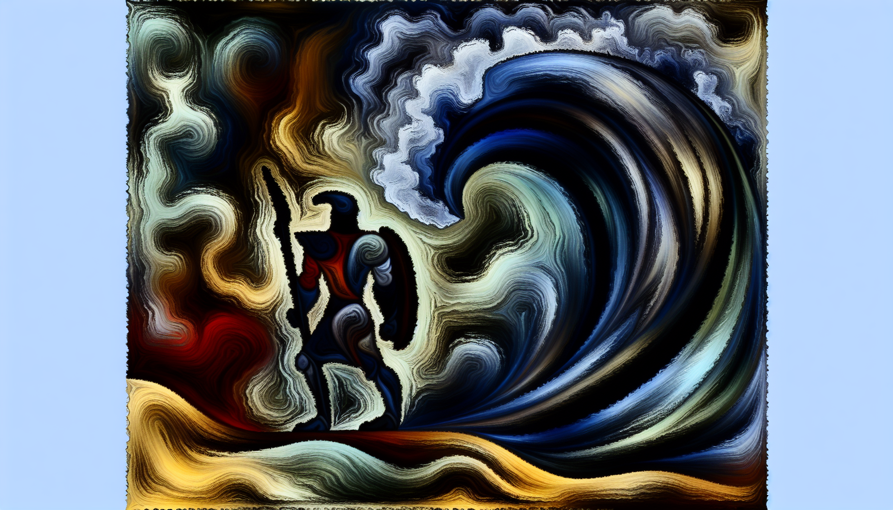 An abstract illustration of a warrior standing strong amidst a symbolic tidal wave representing grief, embodying resilience and determination.
