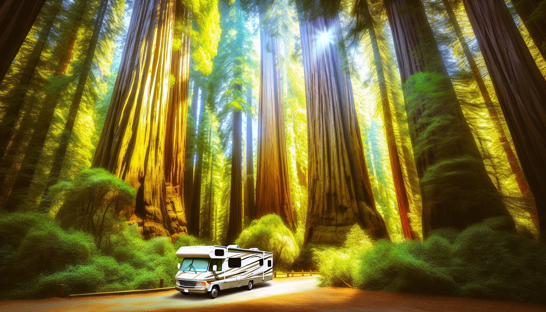 photo realistic image of an RV parked under giant redwood trees with sunlight filtering through