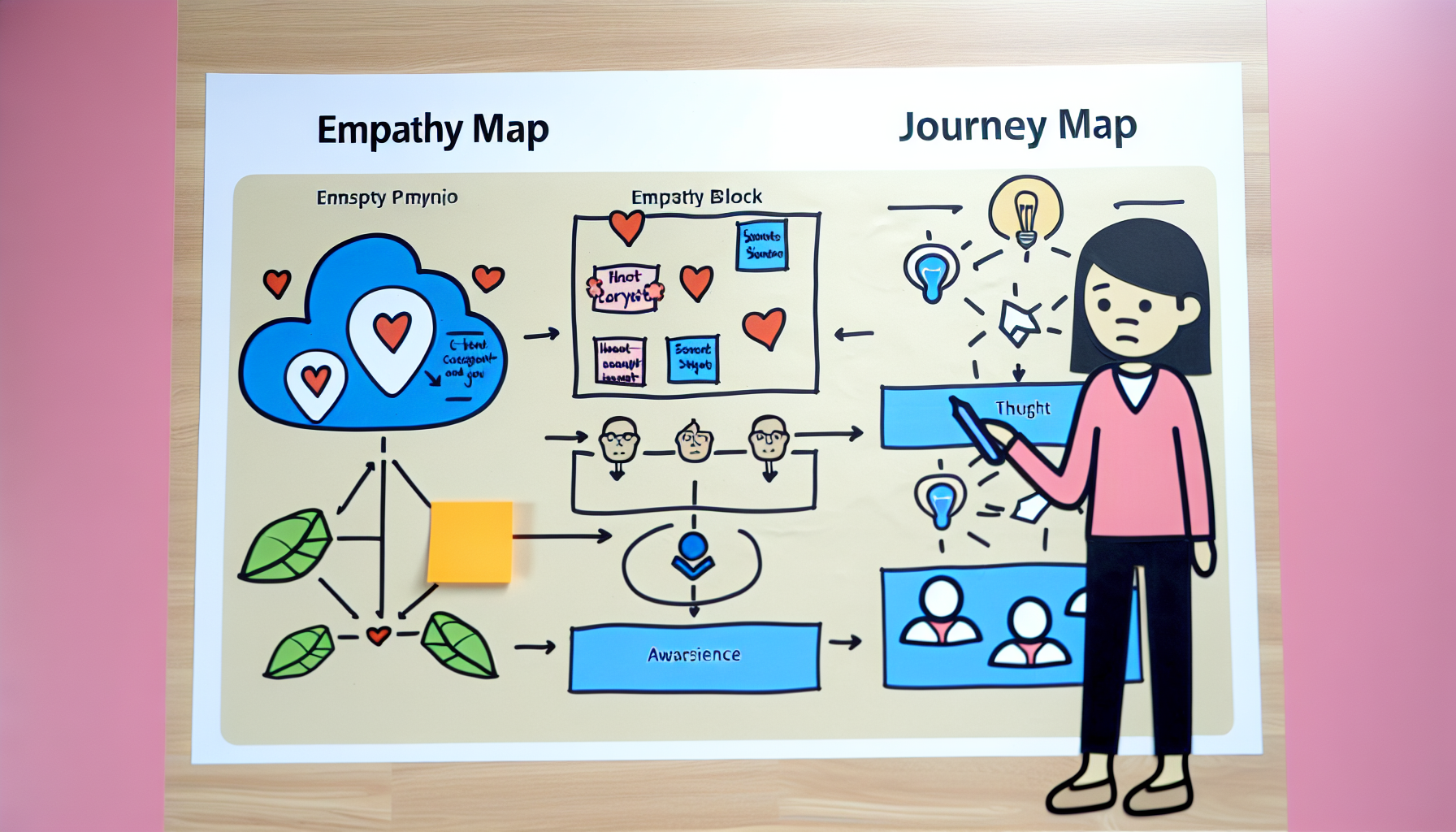 Visual representation of empathy maps and journey maps with client persona integration