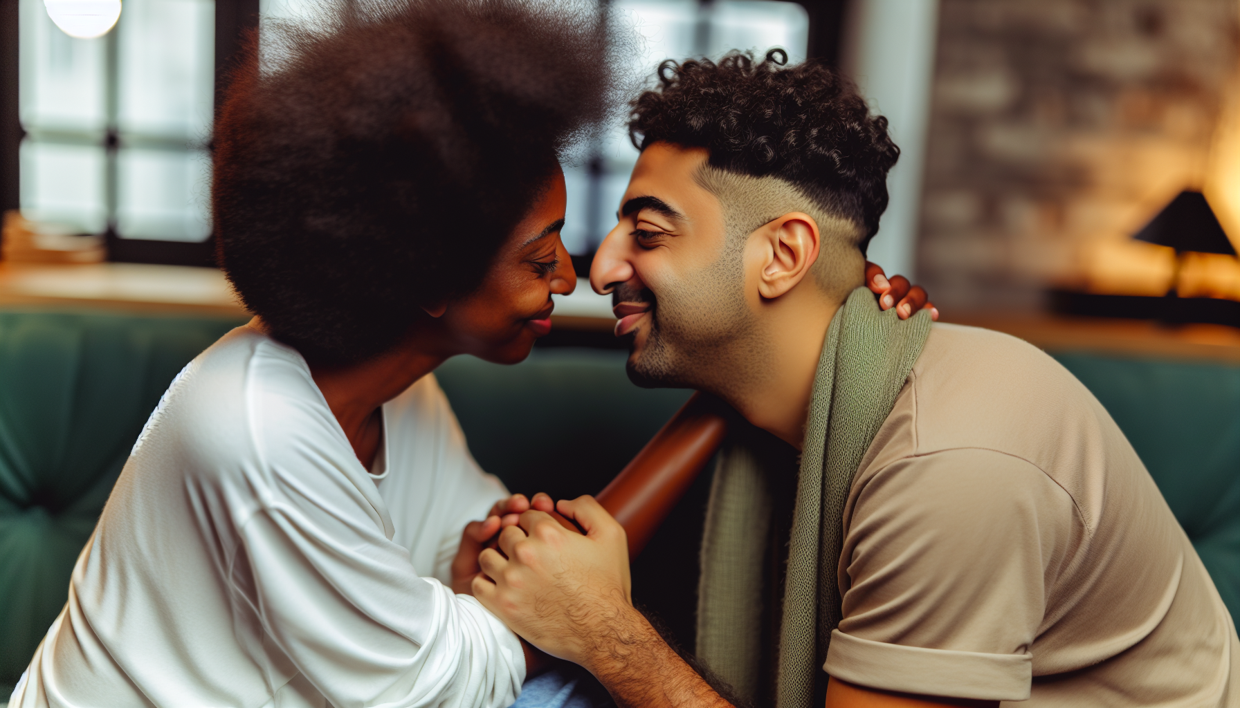 Professional image of a couple sharing a heartfelt moment while engaging in an affectionate conversation