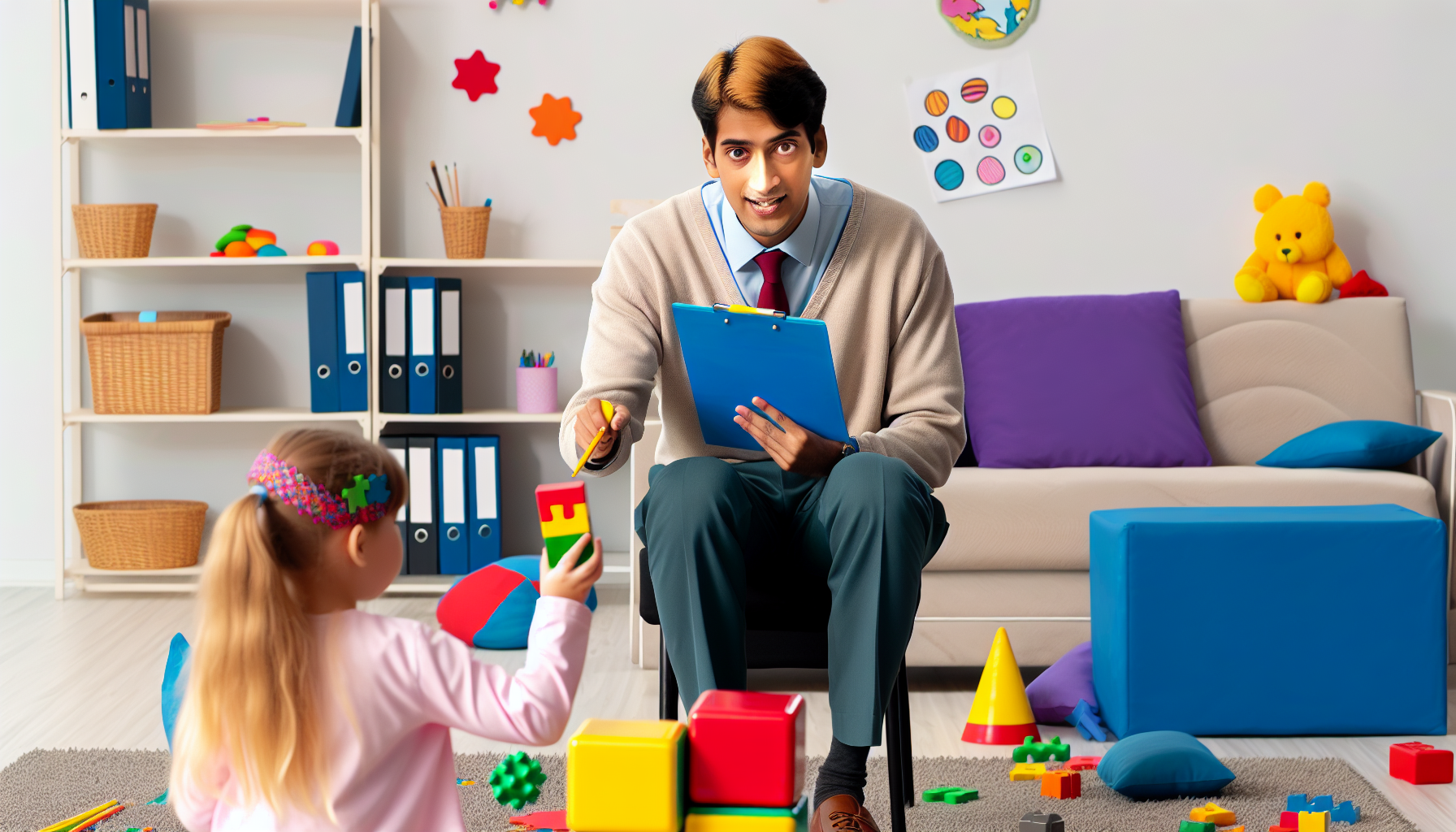 Realistic portrayal of a psychologist conducting an ASD evaluation with a child in a friendly and colorful room setting, using playful assessment tools and engaging the child in interactive activities.