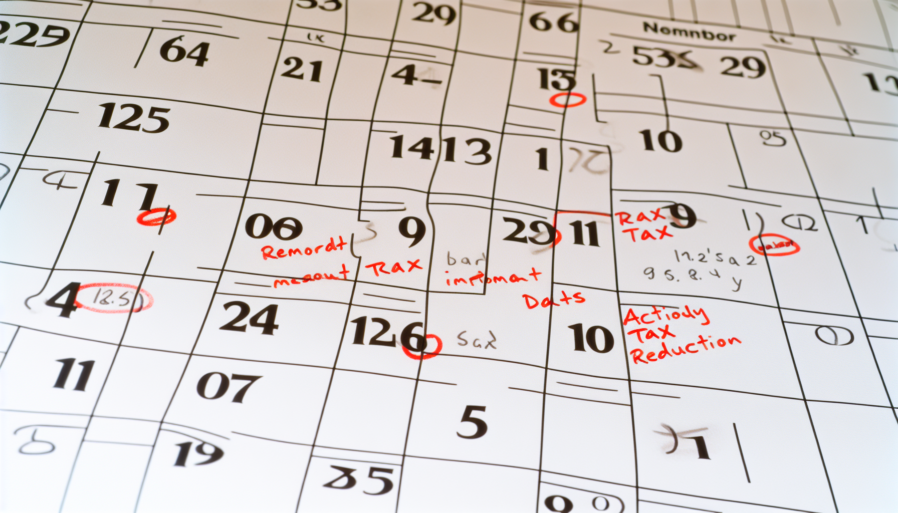 A calendar marked with important tax deadlines and reminders.