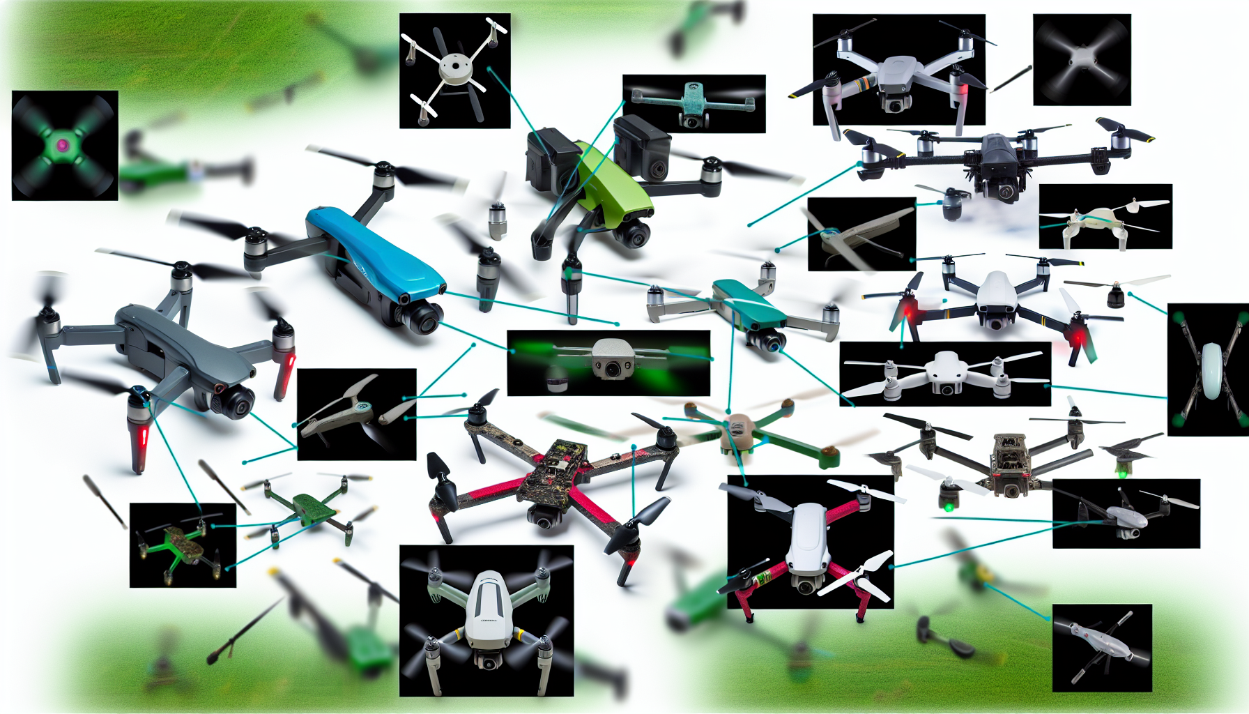 Comparação lado a lado de diferentes modelos de drones agrícolas, destacando recursos e capacidades