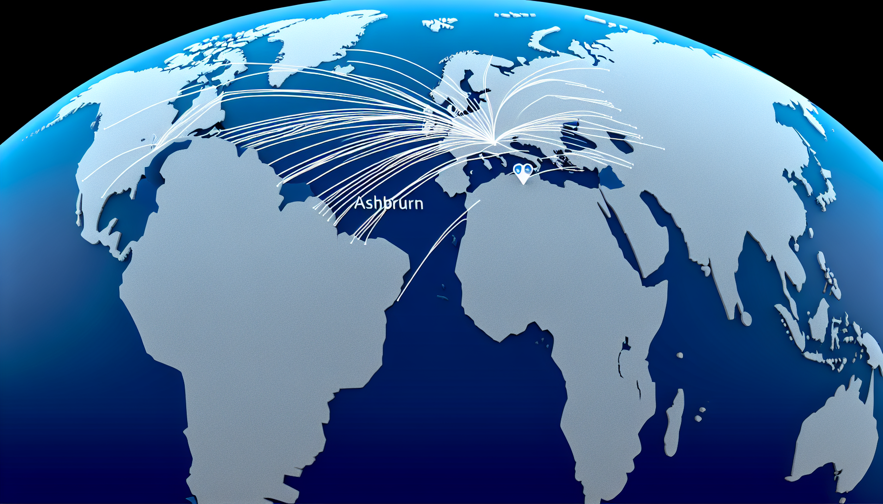 Map showing connectivity through fiber-optic and subsea cables linking Ashburn to global destinations