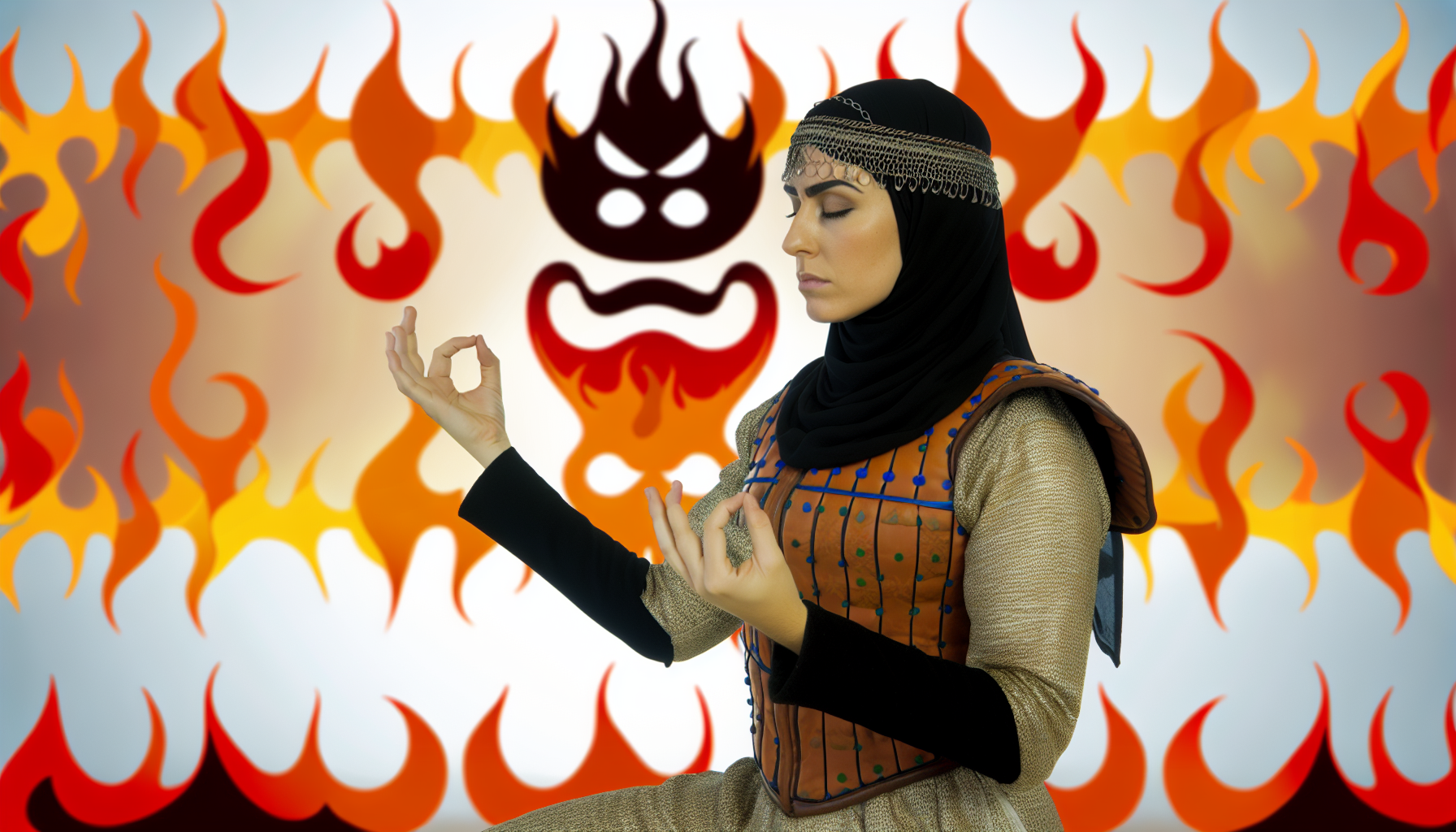 A scene showing a warrior in meditation, channeling their internal energy against a backdrop of symbolic flames representing anger transformed into strength.