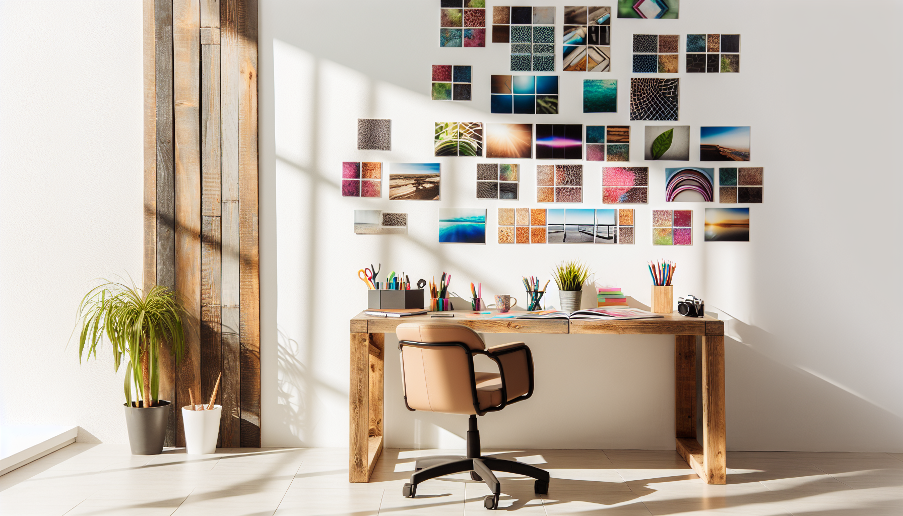 An asymmetrical photo tile arrangement in a creative workspace.