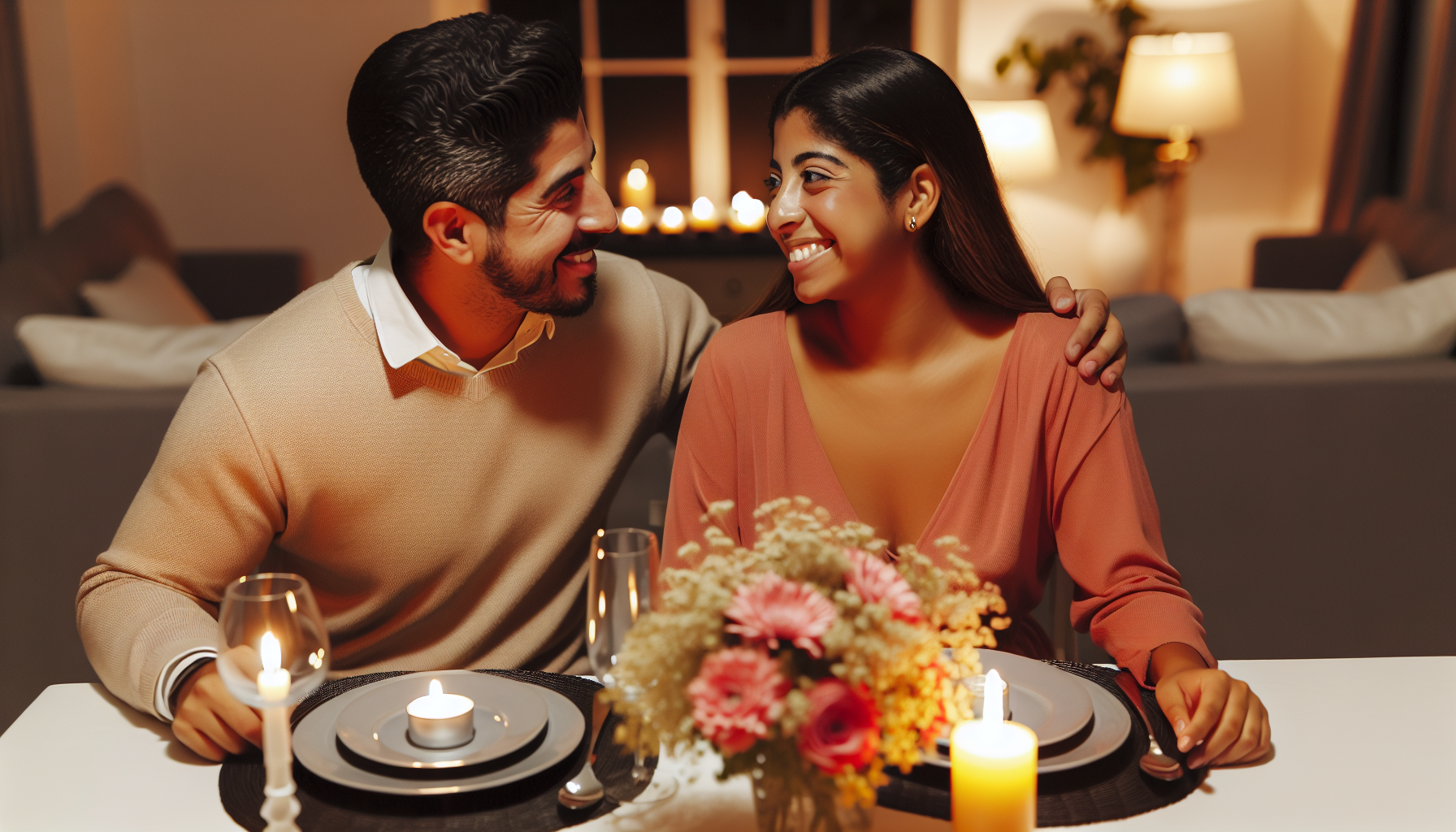 Koppel dat geniet van een gezellig diner bij kaarslicht thuis