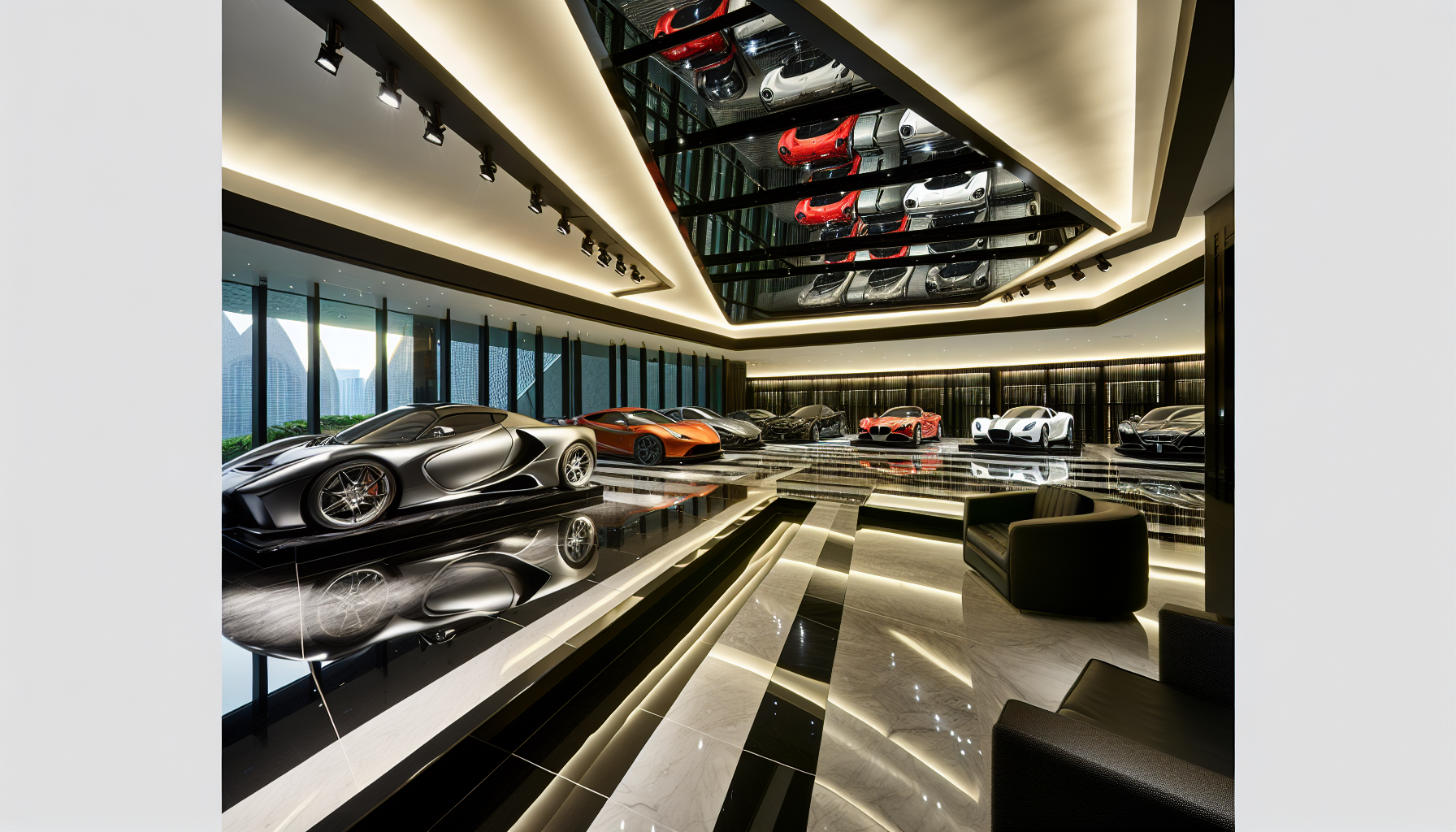 Luxurious auto condo interior with personal car collection display
