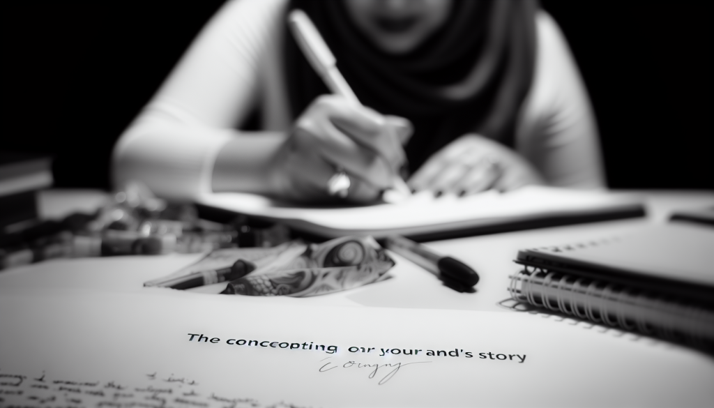 A writer composing a brand story, with a close-up view of handwritten notes and sketches. Black and white style to emphasize the authenticity and creativity in the storytelling process.