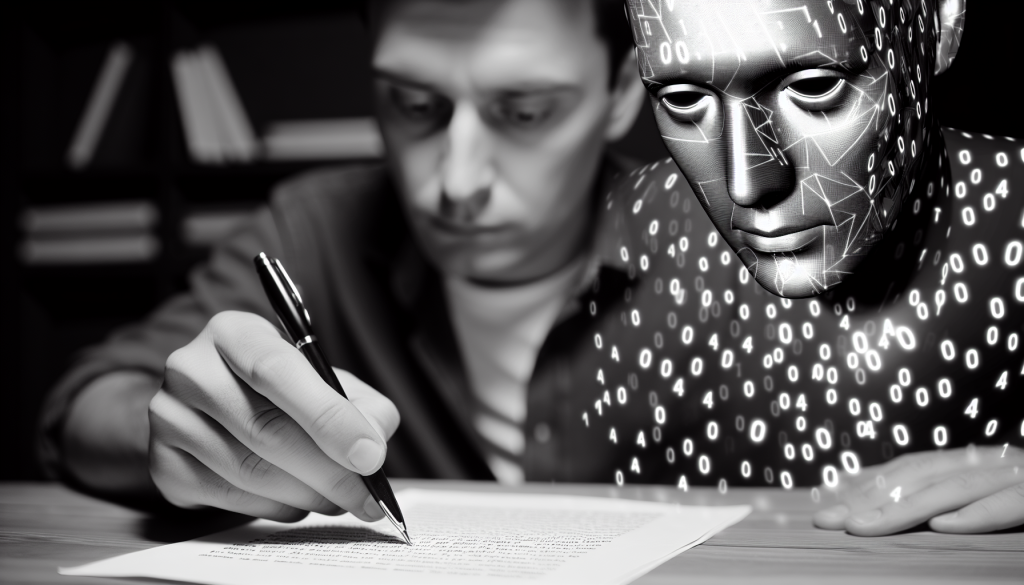 black and white image of a writer with a critical expression, editing a document covered in AI-generated content, symbolizing the importance of human oversight