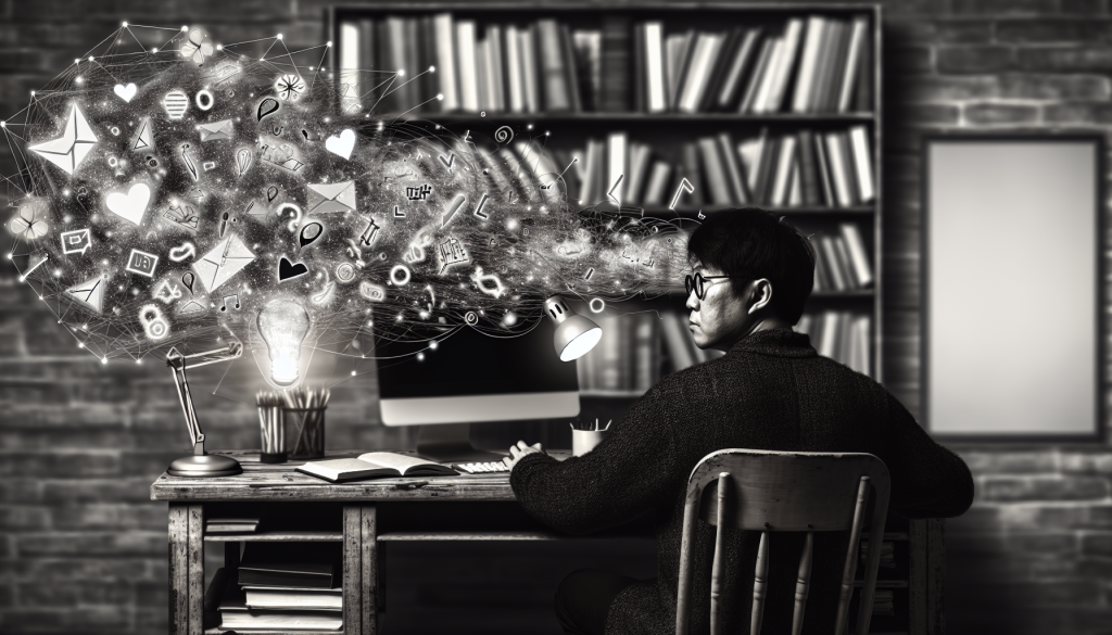 black and white image of a writer at a desk with a computer. Artistic notes, thoughts, and ideas are seen swirling around, indicating the blend of AI and human creativity