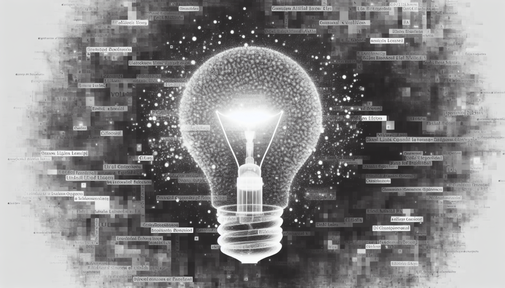 black and white image of a light bulb made up of interconnected digital nodes over a background of words and data, symbolizing fresh ideas generated by AI