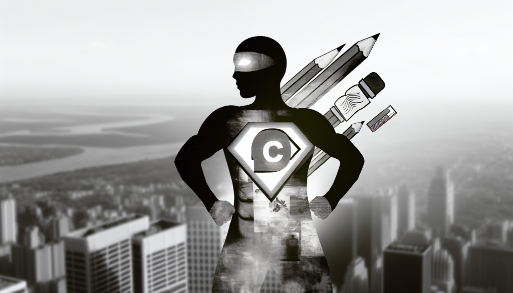 A superhero-themed image symbolizing content marketing as a powerful tool. Black and white illustration highlighting its potential to increase brand visibility and engagement.