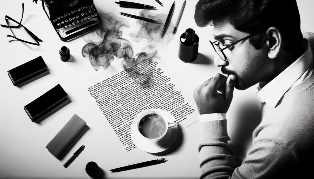 black and white image of a writer with a custom-crafted AI-generated article, surrounded by individualized elements and unique accents that represent personalization