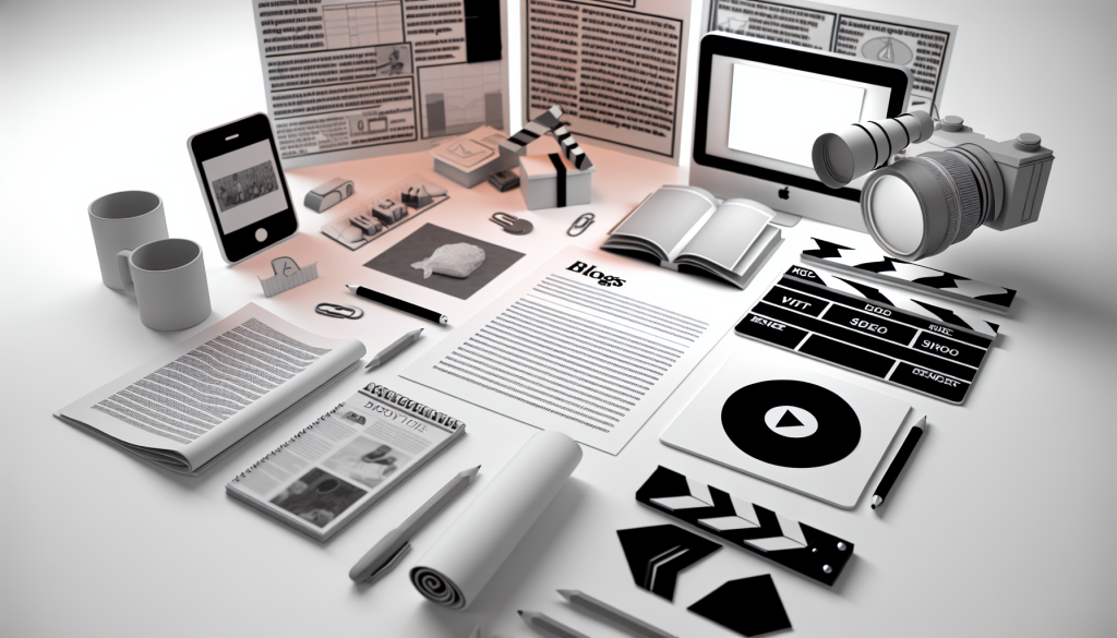 An assortment of content types, including blog drafts, video clapperboard, and infographic designs in a creative workspace. Black and white setup emphasizing diversity in content creation during content marketing.